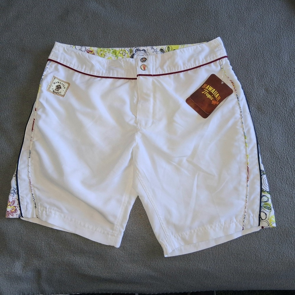 Vtg Hawaiian Tropic Board Shorts Mens Medium 32" X 9" White Peace & Love Graphic
